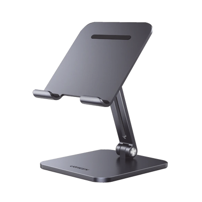 Soporte de Aluminio para IPad & Tablet | Plegable |Angulo Ajustable de 180° y 270° | Base Antideslizante | Protección de Silicona | Amplia Compatibilidad con dispositivos de 7.9” a 12.9” | Aluminio Solido | Color Gris