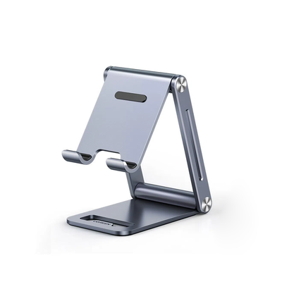 Soporte para Teléfono Celular de Aluminio | Angulo Ajustable | Amplia Compatibilidad con dispositivos de 4.7” a 7.9” | Antideslizante | Antiarañazos | Plegable | Color Gris.