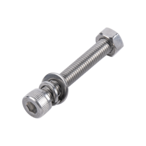 1 Tornillo Allen Milimétrico de Acero Inoxidable M8-1.25 x 20 / Con 1 Tuerca, 1 Arandela de Presión y 1 Plana / Para Montajes de Módulos Foto Voltaicos.