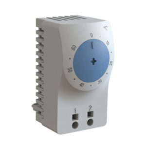 Termostato/Interruptor Para Control de Temperatura en Grados Fahrenheit, Para Uso con Ventiladores, Con Terminales de Conexión, y Clip para Riel Din de 35 mm, Color Gris Claro