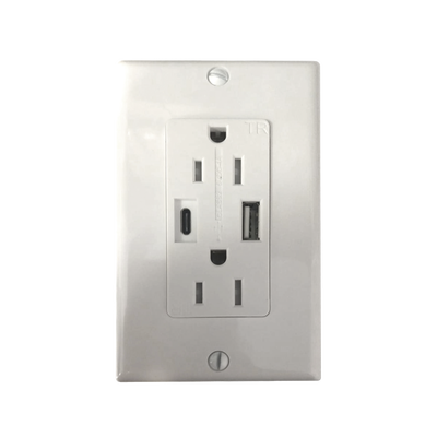 Contacto Dúplex con puertos USB Tipo A y C, 15 A, 100 – 240 V, USB 5 V, Incluye la Placa.