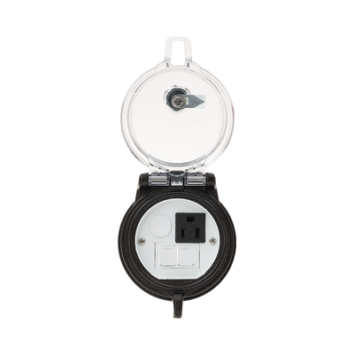 Dispositivo Circular de Puertos de Acceso a Datos, Con Dos Espacios Para Módulos Mini-Com y Un Receptáculo NEMA 5-15R, Protección IP66, de 3″ de Diámetro