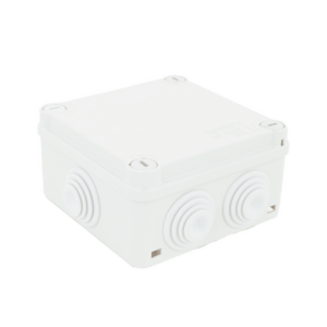 Caja Estanca de PVC Para Derivación y Conexión, 6 Entradas, Tapa con Tornillo de 1/4″ de Vuelta, 100x100x50 mm (Área Interna), Uso Exterior IP55, Material que no Propaga el Fuego y Libre de Hálogenos