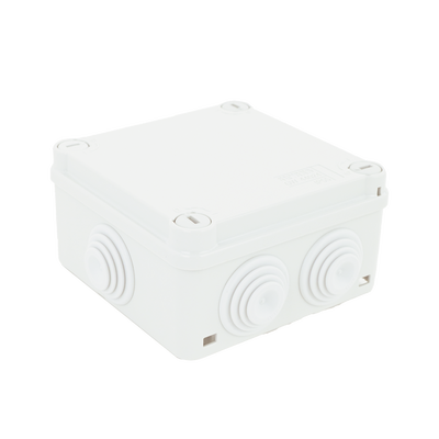 Caja Estanca de PVC Para Derivación y Conexión, 6 Entradas, Tapa con Tornillo de 1/4″ de Vuelta, 100x100x50 mm (Área Interna), Uso Exterior IP55, Material que no Propaga el Fuego y Libre de Hálogenos