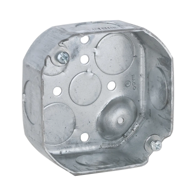 Caja Octagonal de 4″ / Profundidad 1 1/2″ / 4 Entradas de 3/4″ y 4 Entradas de 1/2″ / Troquelada.