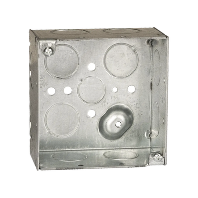 Caja Cuadrada Galvanizada de 4 x 4″ / Profundidad 2 1/8 / 11 Entradas de 3/4″ y 1 de 1/2″.