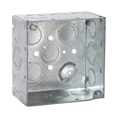 Caja Cuadrada Galvanizada de 4″ x 4″, profundidad de 2 1/8″. Cuenta con 10 KO de 1/2″ y 6 TKO (1/2″ – 3/4″))