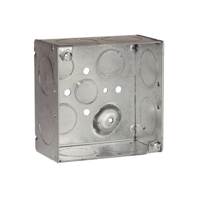 Caja Cuadrada Galvanizada de 4″ x 4″/ Profundidad de 2 1/8″ /8 Entradas 1″, 3 Entradas 1/2″ y 2 Entradas 3/4″/ Soldada.