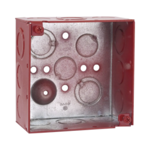 Caja Cuadrada Galvanizada de 4″ /Profundidad de 2 1/8″ / Cuenta con 11 KO de 1/2″ y 6 TKO (1/2″ – 3/4″)/ Color Rojo.