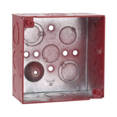 Caja Cuadrada Galvanizada de 4″ /Profundidad de 2 1/8″ / Cuenta con 11 KO de 1/2″ y 6 TKO (1/2″ – 3/4″)/ Color Rojo.