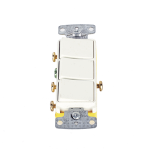Interruptor Residencial 15 A 120 V, con 3 Bases Unipolares, Cableado lateral, Color Blanco.