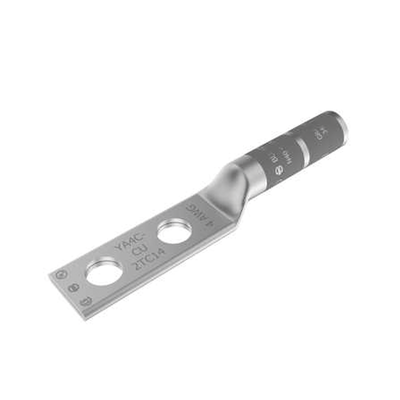 Zapata Terminal de Compresión de Barril Largo con Doble Ojillo para Tornillo 1/4″ y Cable 4 AWG / Espaciado de 5/8″.