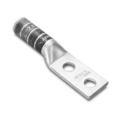 Zapata Terminal de Compresión de Barril Largo con Doble Ojillo para Tornillo 1/4″ y Cable 6 AWG / Espaciado de 5/8″.
