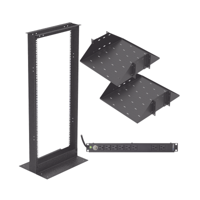 Kit de Rack Estándar 19″, 24 UR con 2 Charolas y PDU (8 tomas). Ideal para UPS y Servidores tipo Torre.