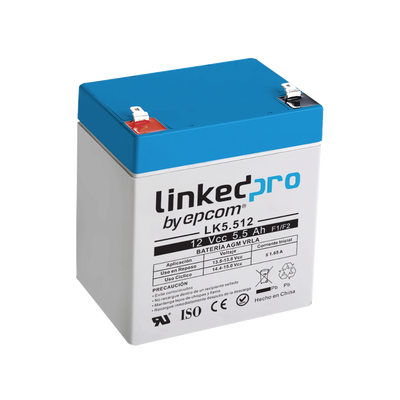 Batería 12 V 5.5 Ah AGM | Certificada UL94-HB Resistencia a la flama básica | Especial para Seguridad Electrónica | Vida útil 5 años | Terminales F1 + Adaptador F2