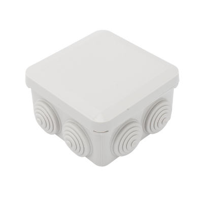 Caja Estanca, Derivación, Conexión de Plástico (89 X 89 X 50 mm) con 7 Glándulas de Goma. Para Instalaciones Comerciales, Residenciales e Industriales. Cerrado a Presión.