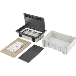 Caja Para Instalación en Pavimento para Voz, Datos o Contactos Eléctricos / Capacidad para 4 Módulos / Espacio Embellecedor en la Tapa / Profundidad Ajustable de 70 a 100 mm (2.76 a 3.94 pulgadas) / Los Módulos se Adquieren Aparte / Incluye Registro