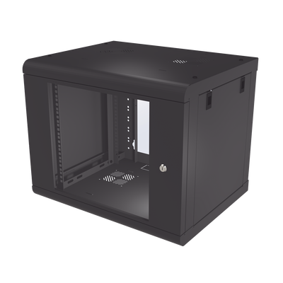 Gabinete de Pared de 9U con Puerta de Cristal Templado, 479.5 mm de Profundidad, Rack de 19”, Acero Reforzado Color Negro.