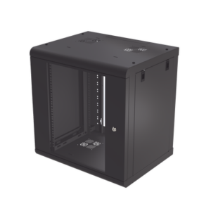 Gabinete de Pared de 12U con Puerta de Cristal Templado, 479.5 mm de Profundidad, Rack de 19”, Acero Reforzado Color Negro.