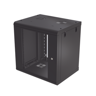 Gabinete de Pared de 12U con Puerta de Cristal Templado, 479.5 mm de Profundidad, Rack de 19”, Acero Reforzado Color Negro.