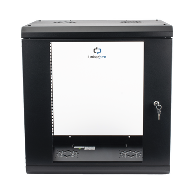 Gabinete de Pared de 12U con Puerta de Cristal Templado, 455 mm de Profundidad, Rack de 19”, Acero Reforzado Color Negro.