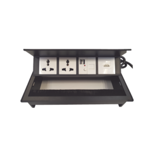 Caja Horizontal Tipo Hub para Escritorio Color Negro, con 1 Puerto HDMI Hembra-Hembra, 1 Puerto RJ45 Cat6, 2 Puertos USB (Solo Carga), y 2 Contactos Eléctricos Universales