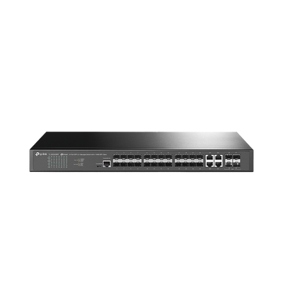 Switch de Fibra Óptica L2+ Omada / 24 puertos SFP 1GE / 4 Puertos Combinados SFP+/RJ45 Gigabit / 2 Puertos Consola RJ45|micro-SUB / Administración Centralizada Omada o Stand-Alone / Compatile con IPv6 / Multicast IGMP