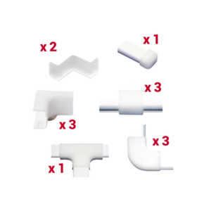 Kit de Accesorios Para la Canaleta TMK0812, El Paquete Incluye 13 Piezas en Total, Son 2 Esquineros Exteriores, 3 Esquineros Interiores, 3 Secciones “L”, 3 Piezas de Unión, 1 Sección “T” y 1 Tapa Final.