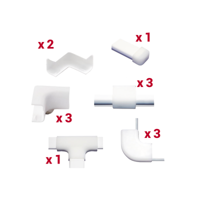 Kit de Accesorios Para la Canaleta TMK0812, El Paquete Incluye 13 Piezas en Total, Son 2 Esquineros Exteriores, 3 Esquineros Interiores, 3 Secciones “L”, 3 Piezas de Unión, 1 Sección “T” y 1 Tapa Final.