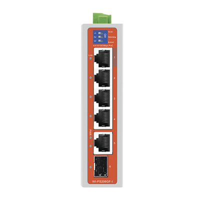 Switch Industrial / 4 Puertos 10/100 Mbps con PoE 802.3af/at / 2 Puertos Uplink Gigabit (1 Rj45 – 1 SFP) / PoE Hasta 250 m