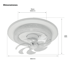 Ventilador de Techo con Luminario LED de 110 V CA 50/60 Hz / 88 W / 3 Tonos de Luz (6500 – 4 000 – 2 700 K) / Con giro 360° / Diámetro 495 mm / 6 Velocidades / Dimeable.