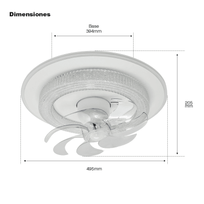 Ventilador de Techo con Luminario LED de 110 V CA 50/60 Hz / 88 W / 3 Tonos de Luz (6500 – 4 000 – 2 700 K) / Con giro 360° / Diámetro 495 mm / 6 Velocidades / Dimeable.