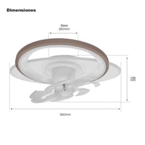 Ventilador de Techo con Luminario LED de 110 V CA 50/60 Hz / 88 W / 3 Tonos de Luz (6500 – 4 000 – 2 700 K) / Con giro 360° / Diámetro 550 mm / 6 Velocidades / Dimeable.