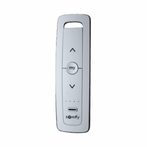 Control remoto 5 canales para motores de persiana Somfy con señal inalámbrica, instrucciones: sube, baja y detener, con posición favorita programada.