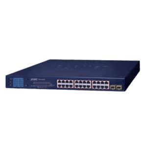 Switch PoE de 24 Puertos Gigabit 802.3af/at con Modo Extendido 250 m, 2 Puertos SFP 1000SX , Pantalla LCD para Configuración Básica, Hasta 300 W para PoE