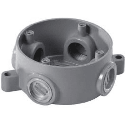 Caja Redonda Estándar sin Tapa a Prueba de Intemperie 102(4) de 3/4″ (19 mm) / Con 5 salidas.
