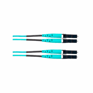 Jumper de Fibra Optica Multimodo 50/125 OM4, LC-LC Duplex, OFNR (Riser), Color Aqua, 25 Metros